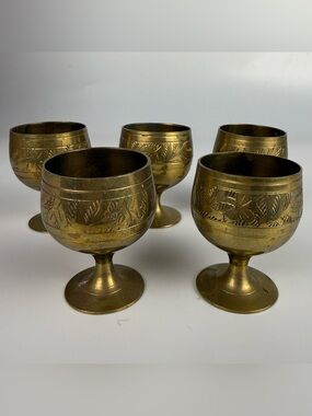 Vintage Collection of 5 Etched Brass Decorated Goblet Egg Cup Holders